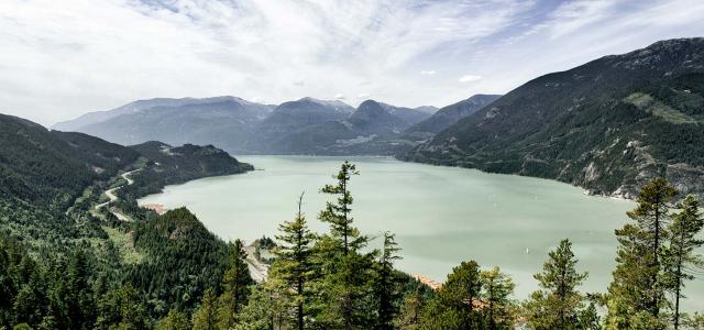 aerial view of mountains and lake